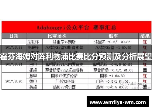 霍芬海姆对阵利物浦比赛比分预测及分析展望