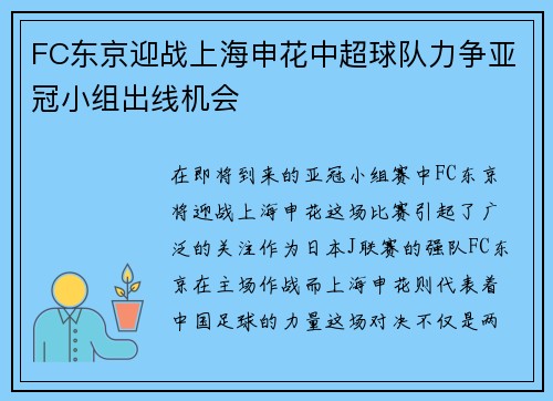 FC东京迎战上海申花中超球队力争亚冠小组出线机会